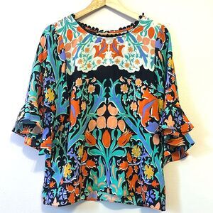 Maeve Anthropologie Folkart Kimono Top Sz 2 Silk Spring Floral Fairy Boho Chic